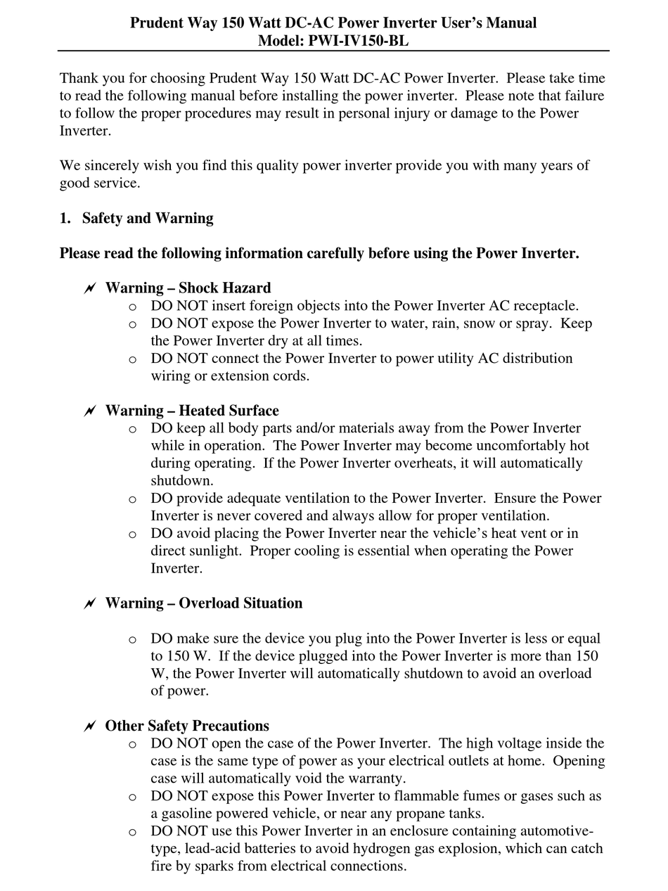 PRUDENT WAY PWIIV150BL USER MANUAL Pdf Download ManualsLib