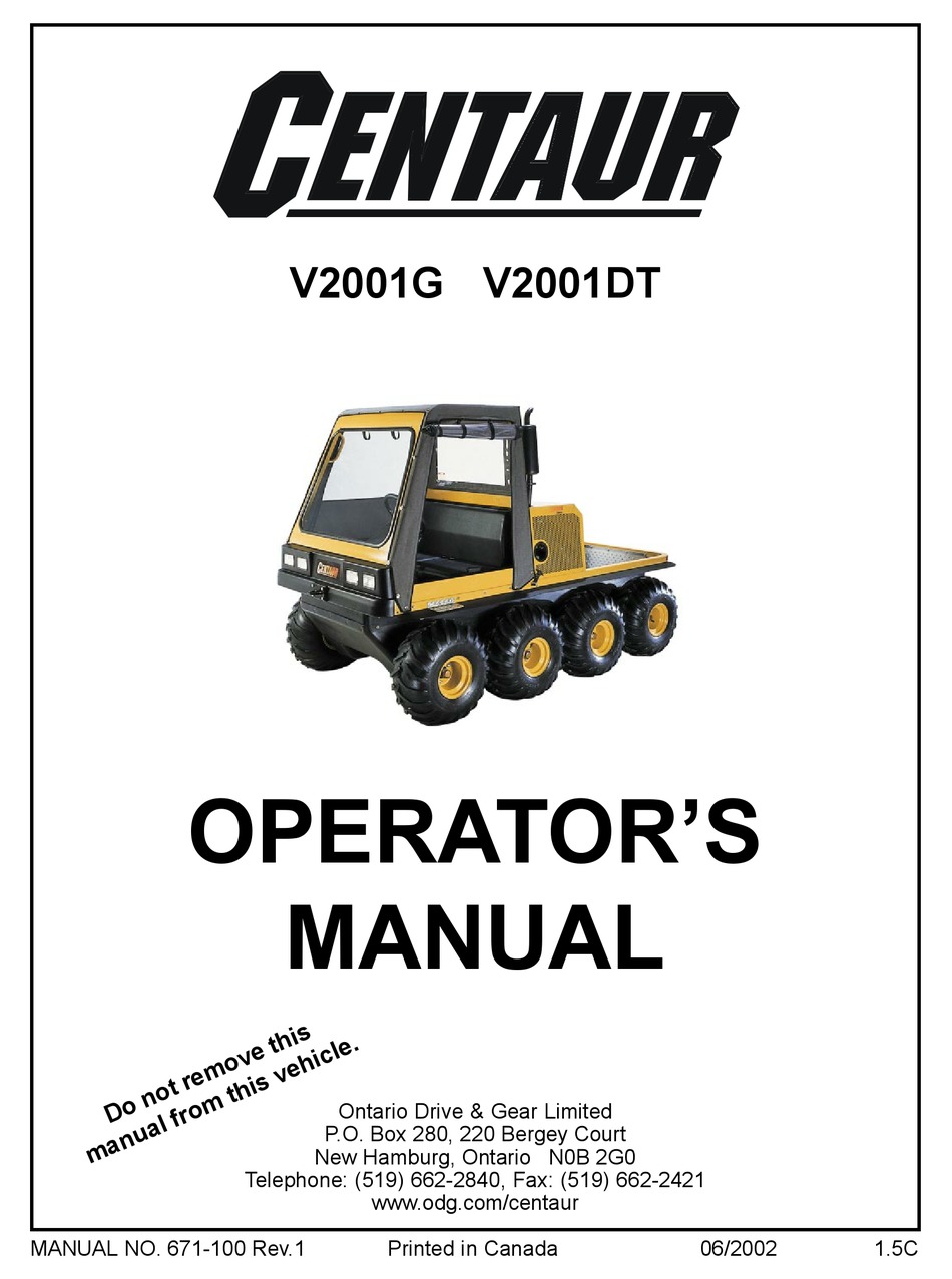 ONTARIO DRIVE u0026 GEAR CENTAUR V2001G OPERATORu0027S MANUAL Pdf Download 