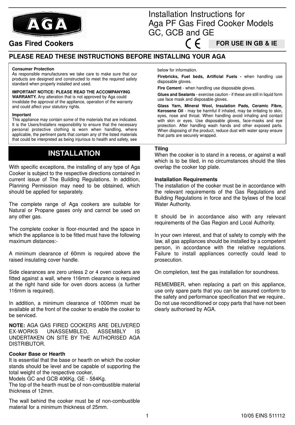 AGA GC INSTALLATION INSTRUCTIONS MANUAL Pdf Download ManualsLib