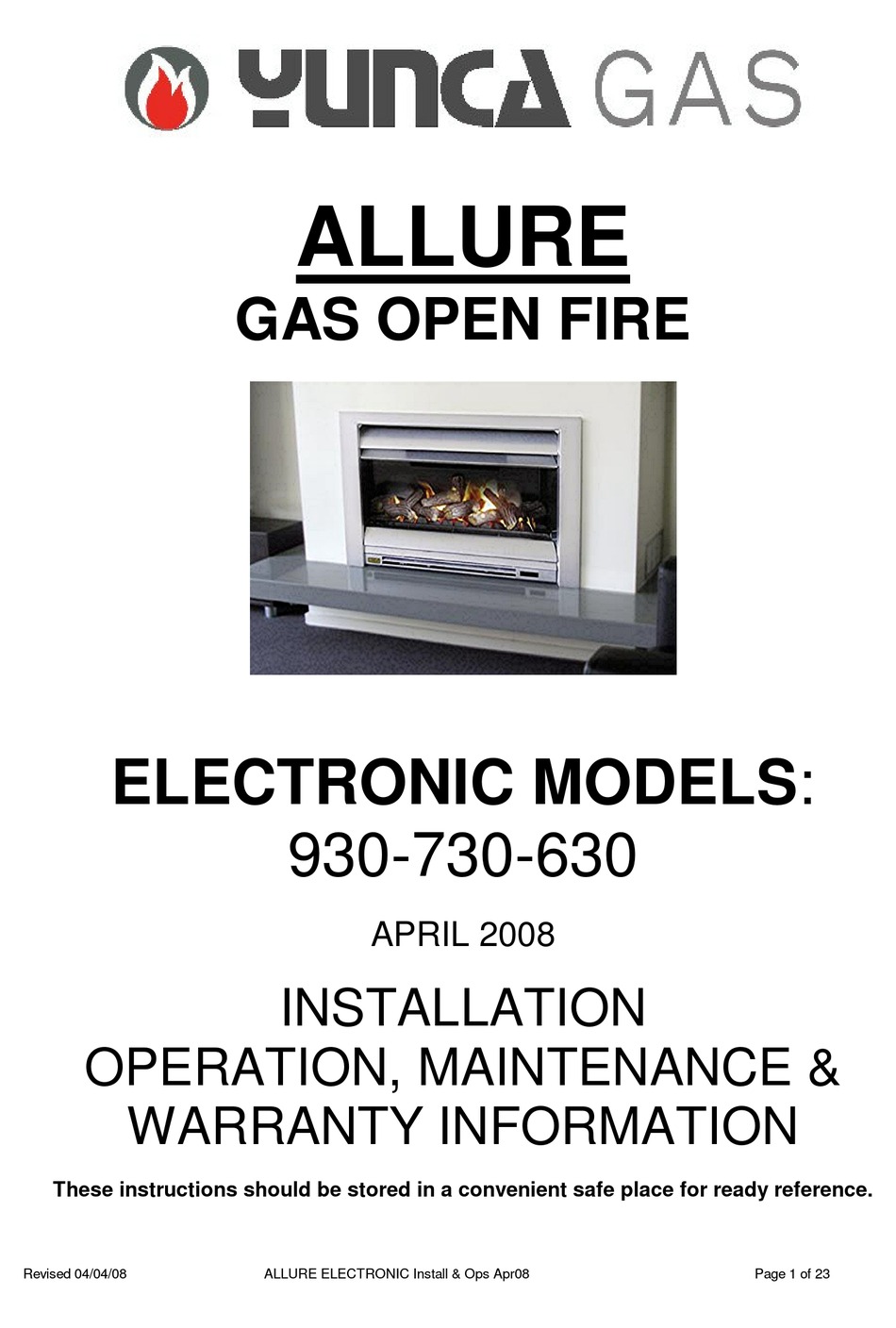 YUNCA GAS ALLURE 930-730-630 INSTALLATION u0026 OPERATION MANUAL Pdf Download |  ManualsLib