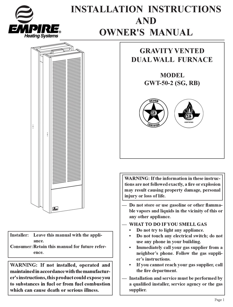 EMPIRE GWT502 INSTALLATION INSTRUCTIONS AND OWNER'S MANUAL Pdf