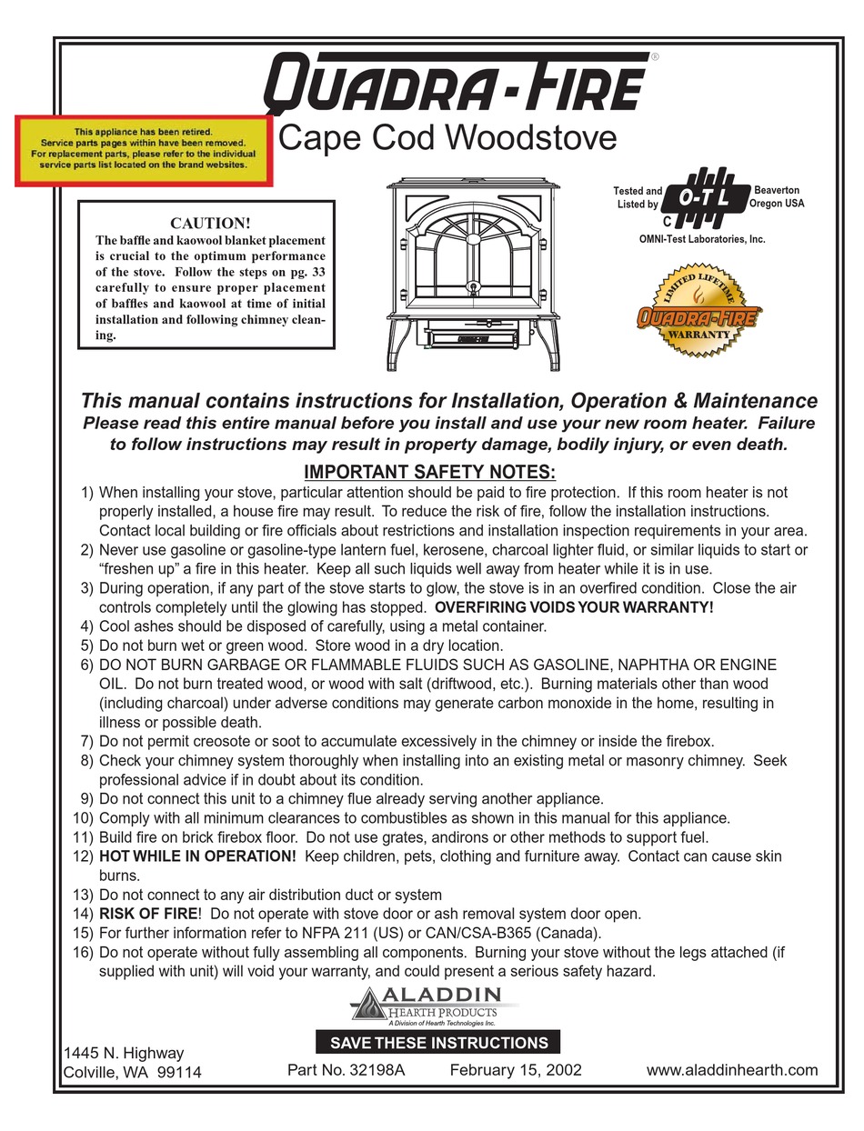 QUADRA-FIRE INSTALLATION, OPERATION, & MAINTENANCE INSTRUCTION Pdf