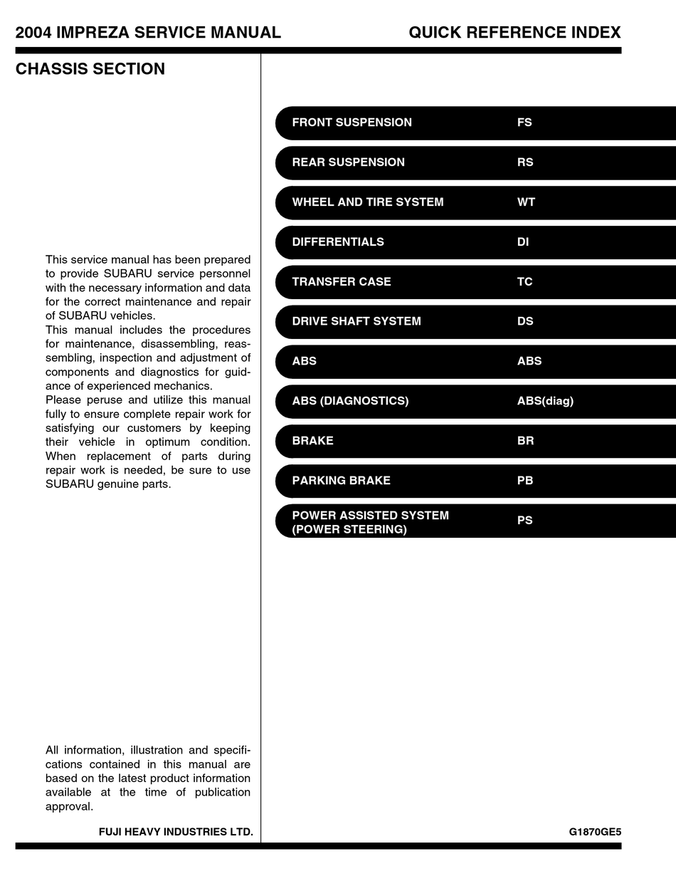 SUBARU IMPREZA 2004 SERVICE MANUAL Pdf Download | ManualsLib