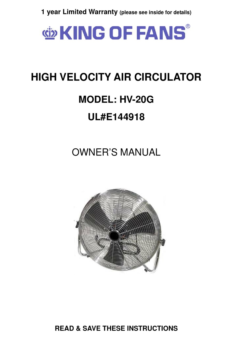 KING OF FANS HV20G OWNER