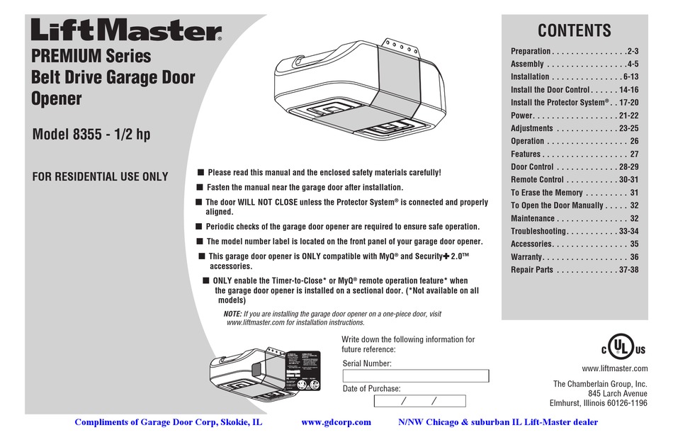 Hp Installation Instructions Manual, Chamberlain Whisper Drive Garage Door Opener Installation Manual