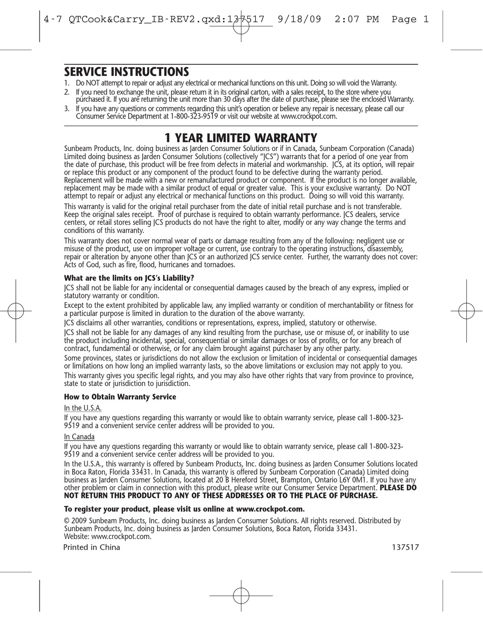 CROCKPOT COOK & CARRY OWNER'S MANUAL Pdf Download ManualsLib
