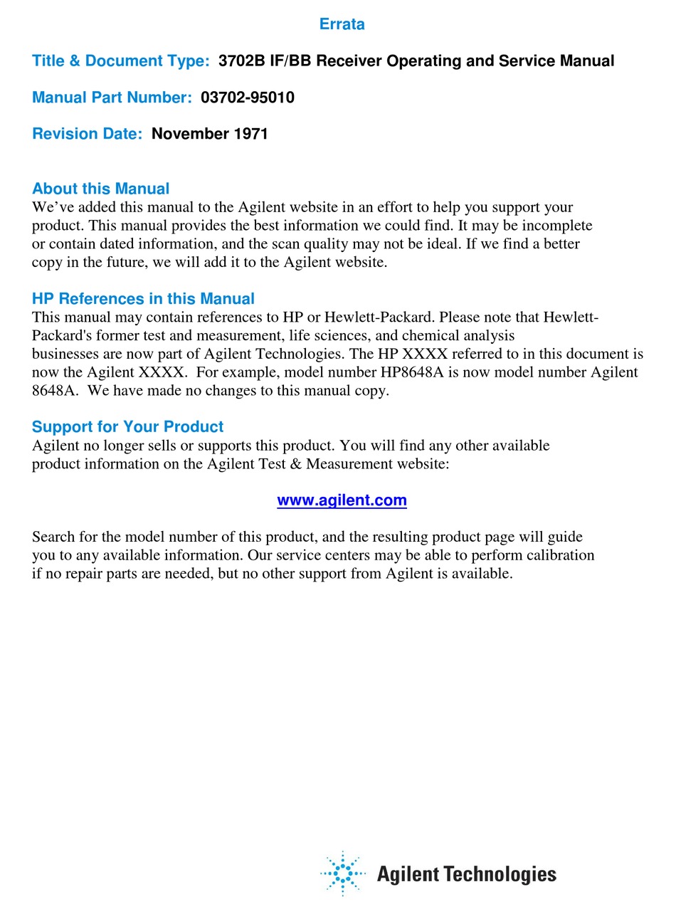 Schematics HP Hewlett Packard 3702B IF & Base Band Receiver Service Manual