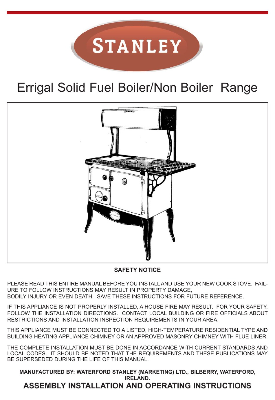 STANLEY STANDLEY INSTALLATION AND OPERATING INSTRUCTIONS MANUAL Pdf ...