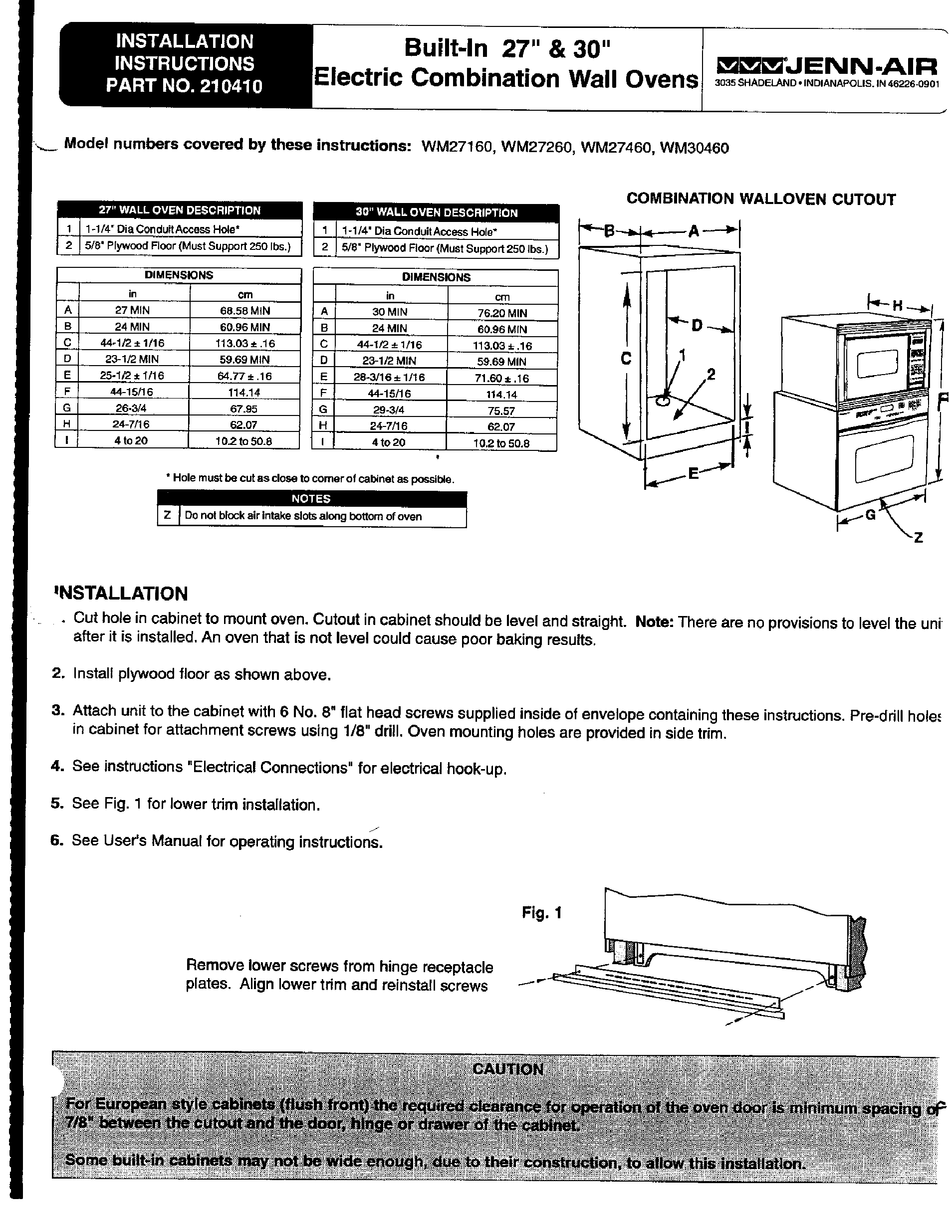 JENNAIR 27INCH WALL OVEN INSTALLATION INSTRUCTIONS Pdf Download