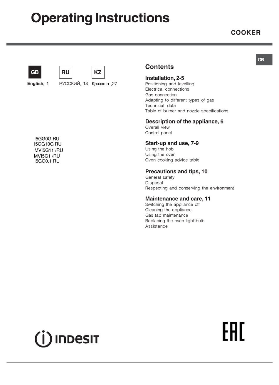 INDESIT I5GG0G RU OPERATING INSTRUCTIONS MANUAL Pdf Download | ManualsLib