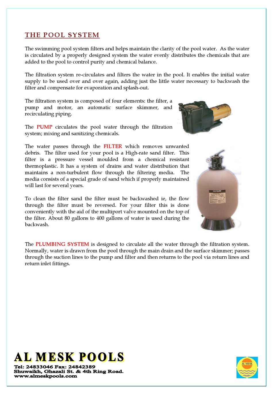 AL MESK POOLS SWIMMING POOL SYSTEM FILTERS USER MANUAL Pdf Download