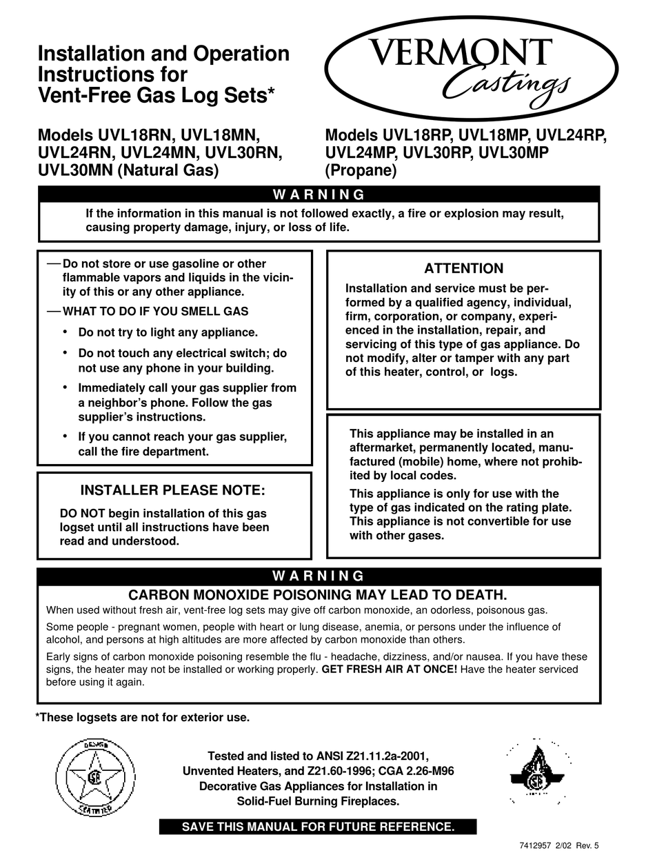 VERMONT CASTINGS UVL18RN INSTALLATION AND OPERATION INSTRUCTIONS MANUAL Pdf  Download | ManualsLib