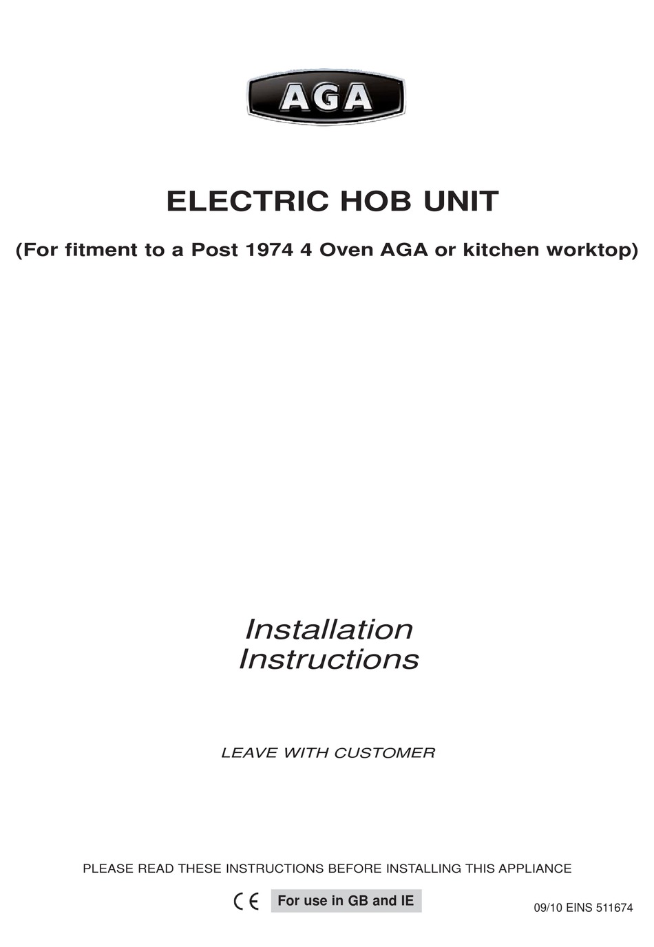 AGA ELECTRIC HOB UNIT INSTALLATION INSTRUCTIONS MANUAL Pdf Download