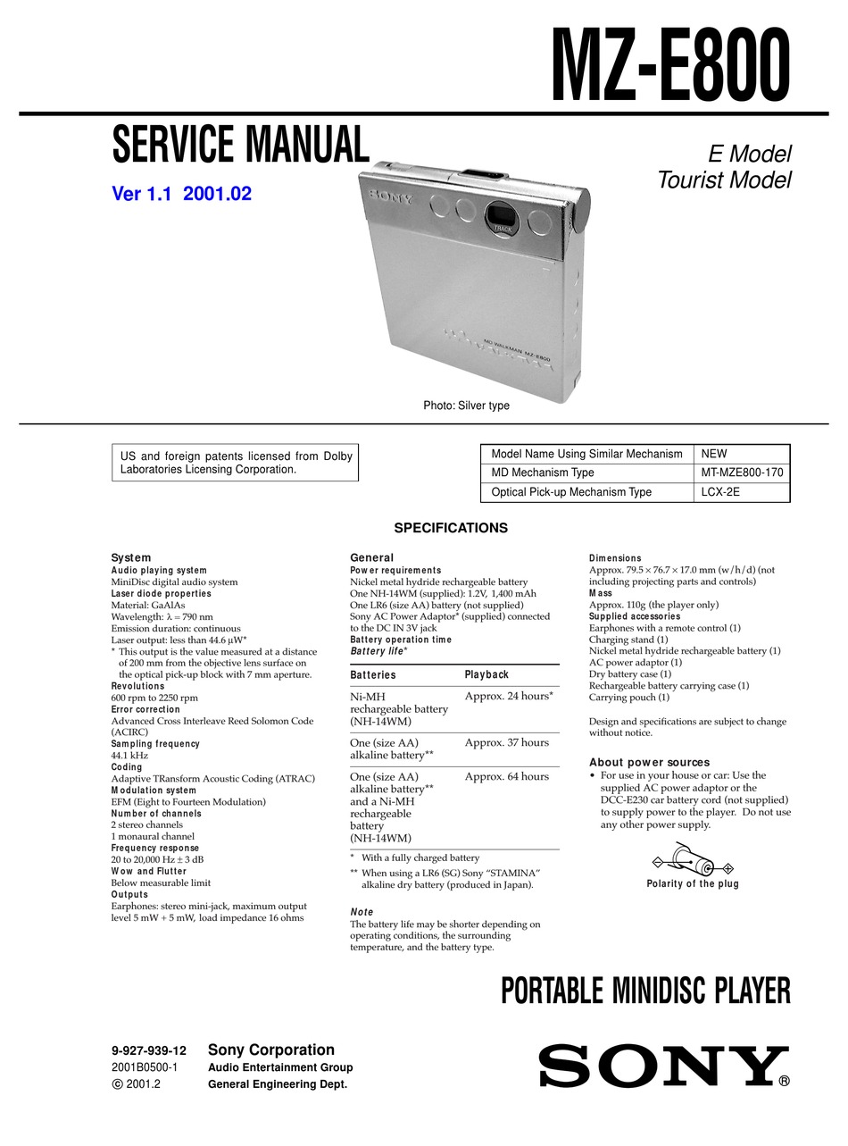 SONY MZ-E800 SERVICE MANUAL Pdf Download | ManualsLib