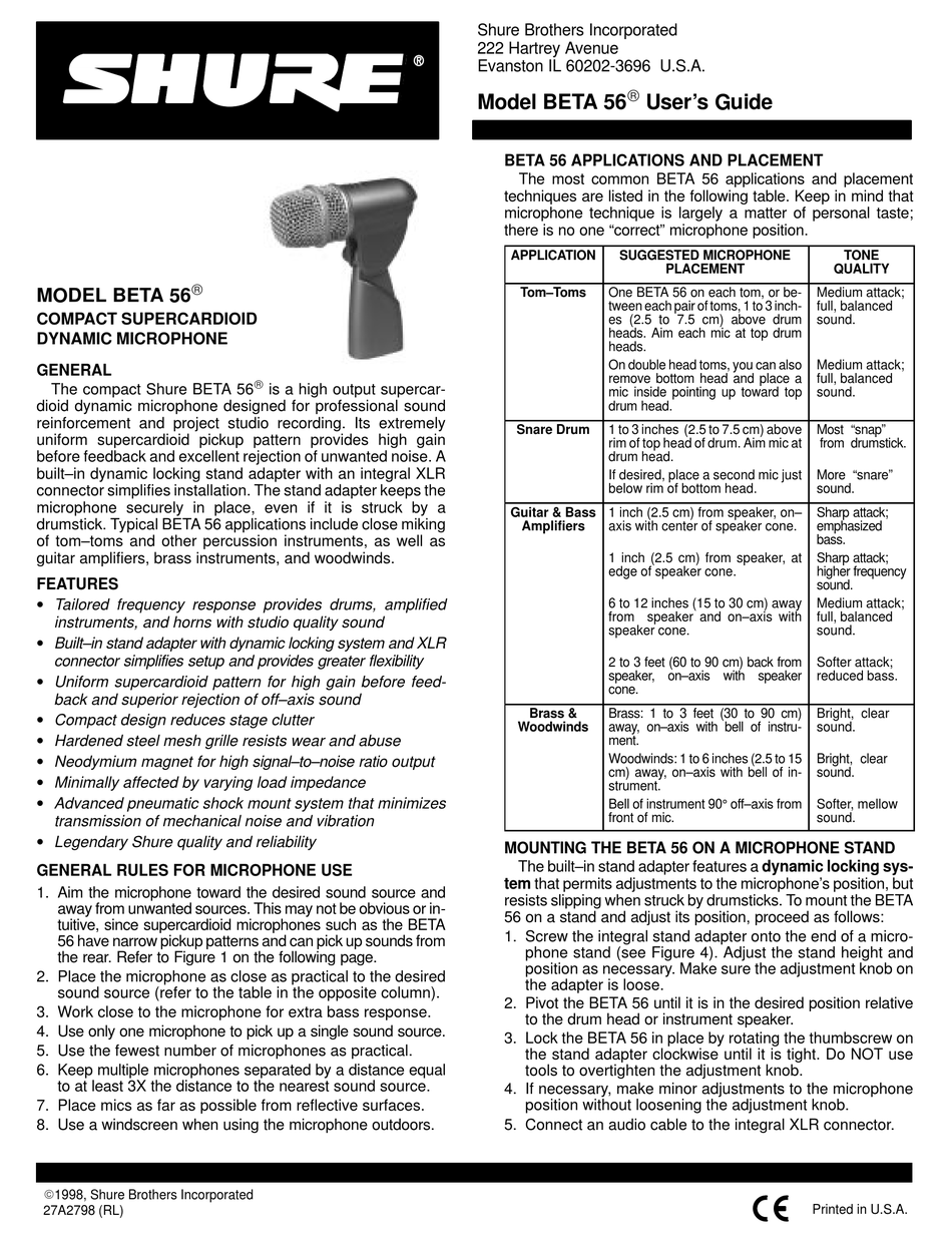 SHURE BETA 56 USER MANUAL Pdf Download | ManualsLib