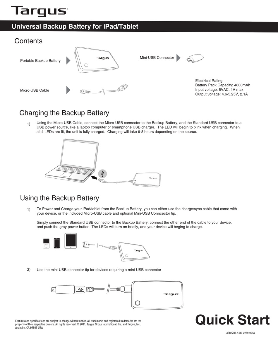 TARGUS UNIVERSAL BACKUP BATTERY FOR IPAD/TABLET QUICK START Pdf