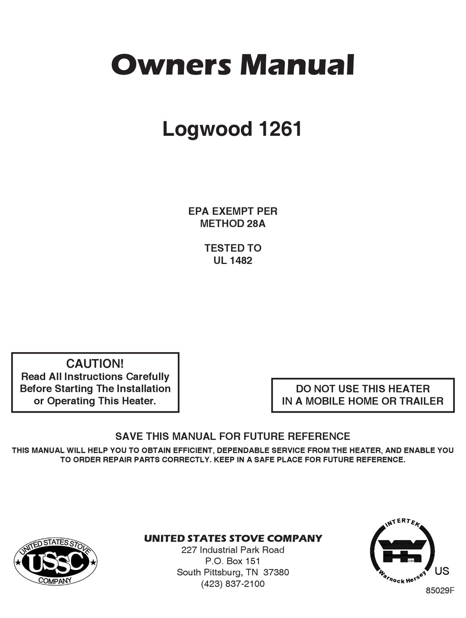 UNITED STATES STOVE COMPANY LOGWOOD 1261 OWNER'S MANUAL Pdf Download |  ManualsLib