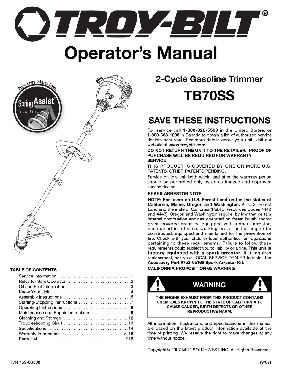 TROY-BILT TB70SS OPERATOR'S MANUAL Pdf Download | ManualsLib