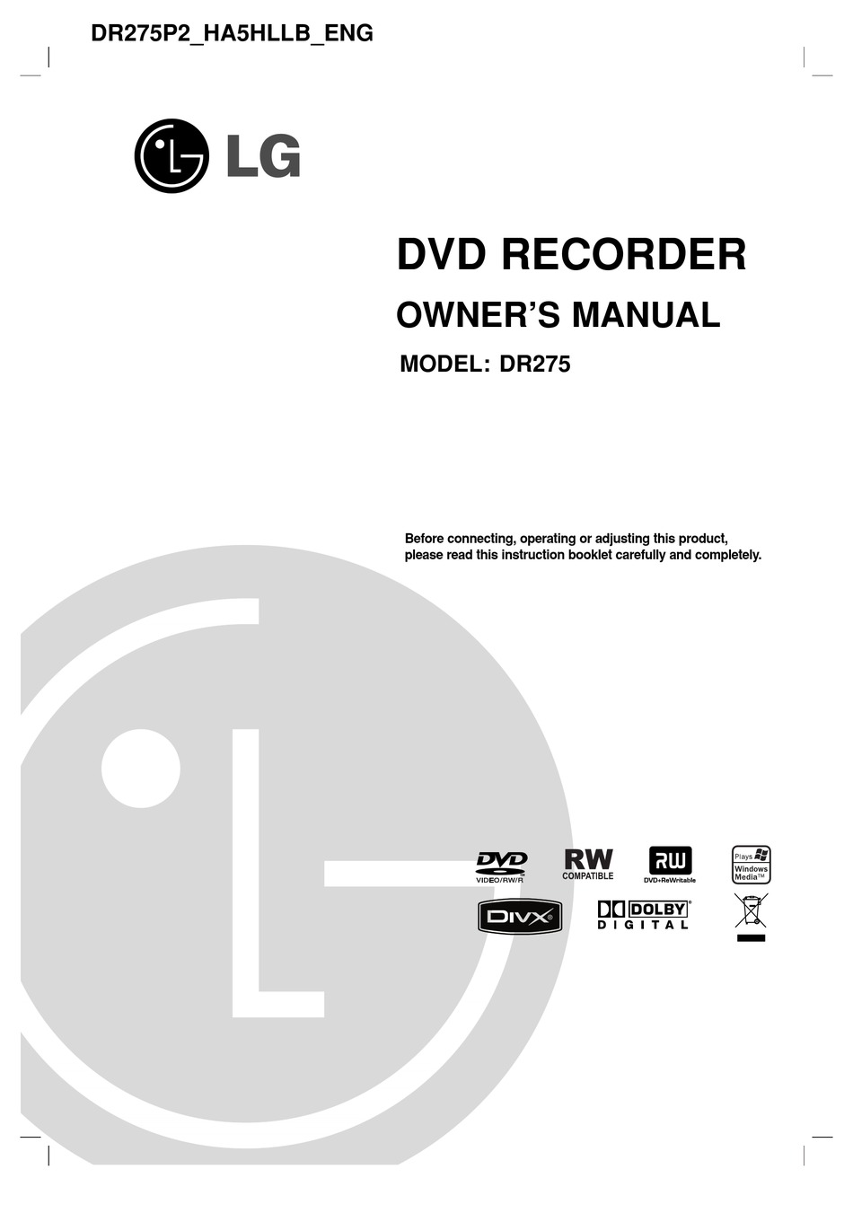 Lg Dr275 Owner S Manual Pdf Download Manualslib