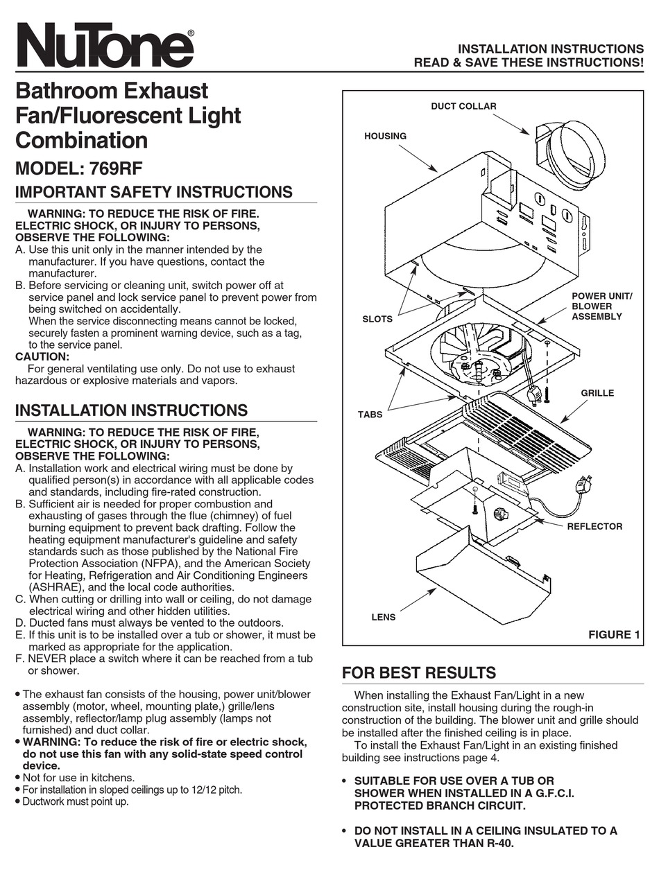 Nutone 769rf Installation Instructions Manual Pdf Manualslib - How To Wire Nutone Bathroom Fan With Light