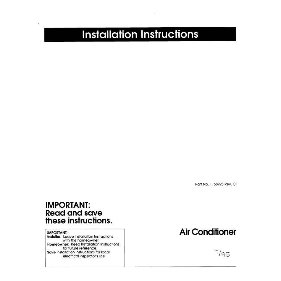 MAYTAG AIR CONDITIONER INSTALLATION INSTRUCTIONS Pdf Download ManualsLib
