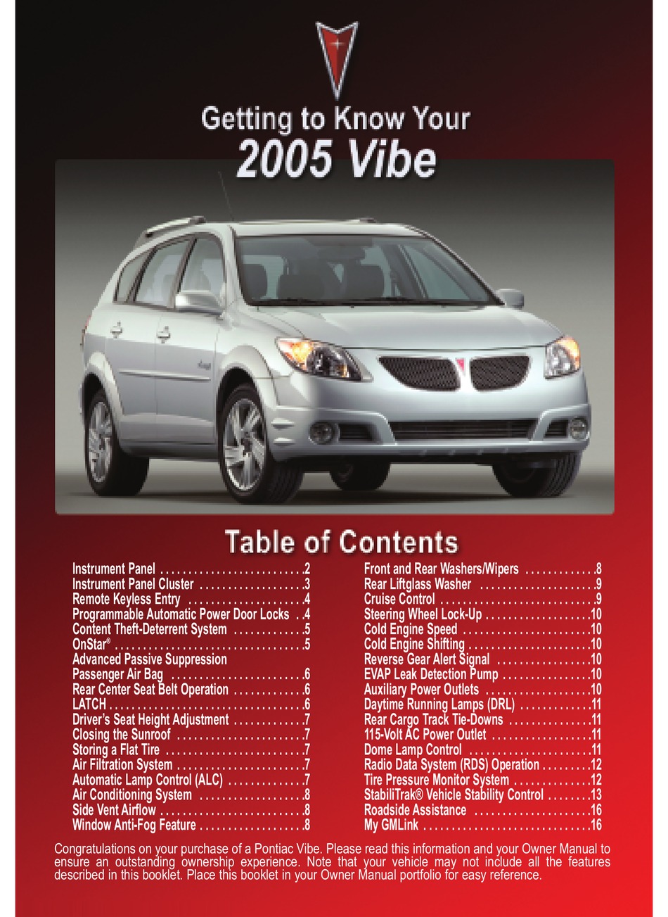 PONTIAC VIBE 2005 QUICK START MANUAL Pdf Download | ManualsLib