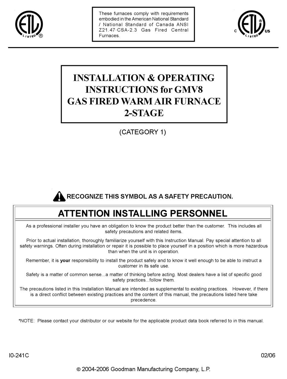 GOODMAN GMV8 INSTALLATION & OPERATING INSTRUCTIONS MANUAL Pdf Download ...