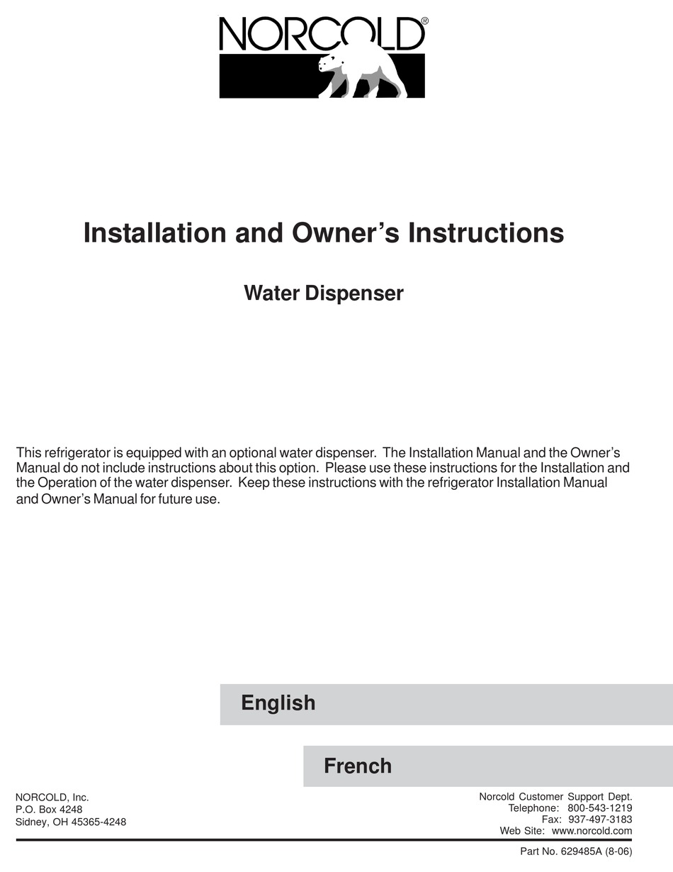 NORCOLD WATER DISPENSER INSTALLATION AND OWNER'S INSTRUCTIONS Pdf