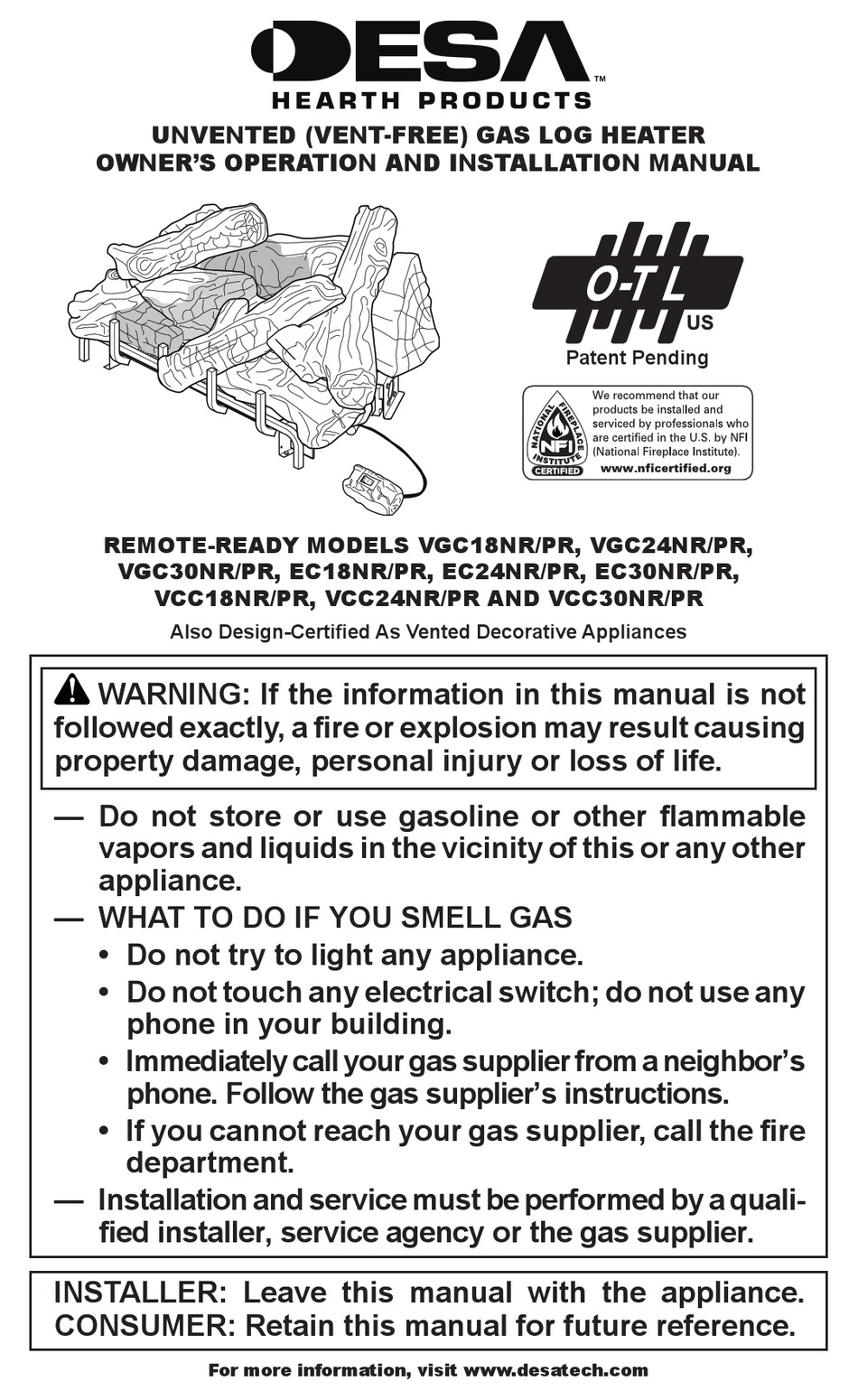 DESA VGC18NR OWNER'S MANUAL Pdf Download | ManualsLib
