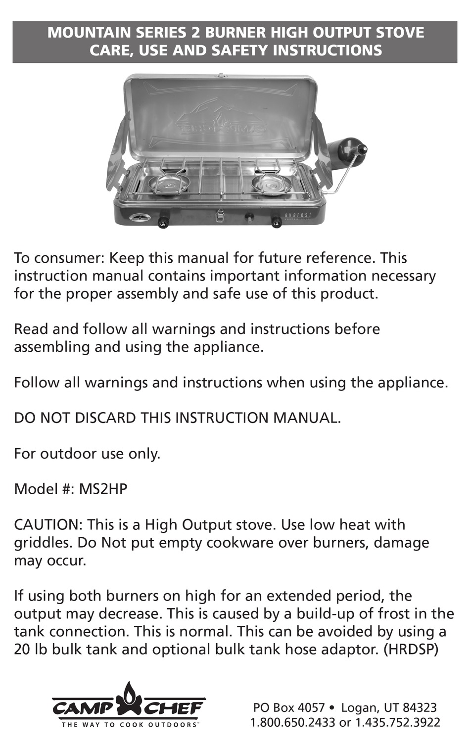 CAMP CHEF MOUNTAIN MS2HP CARE USE AND SAFETY INSTRUCTIONS Pdf