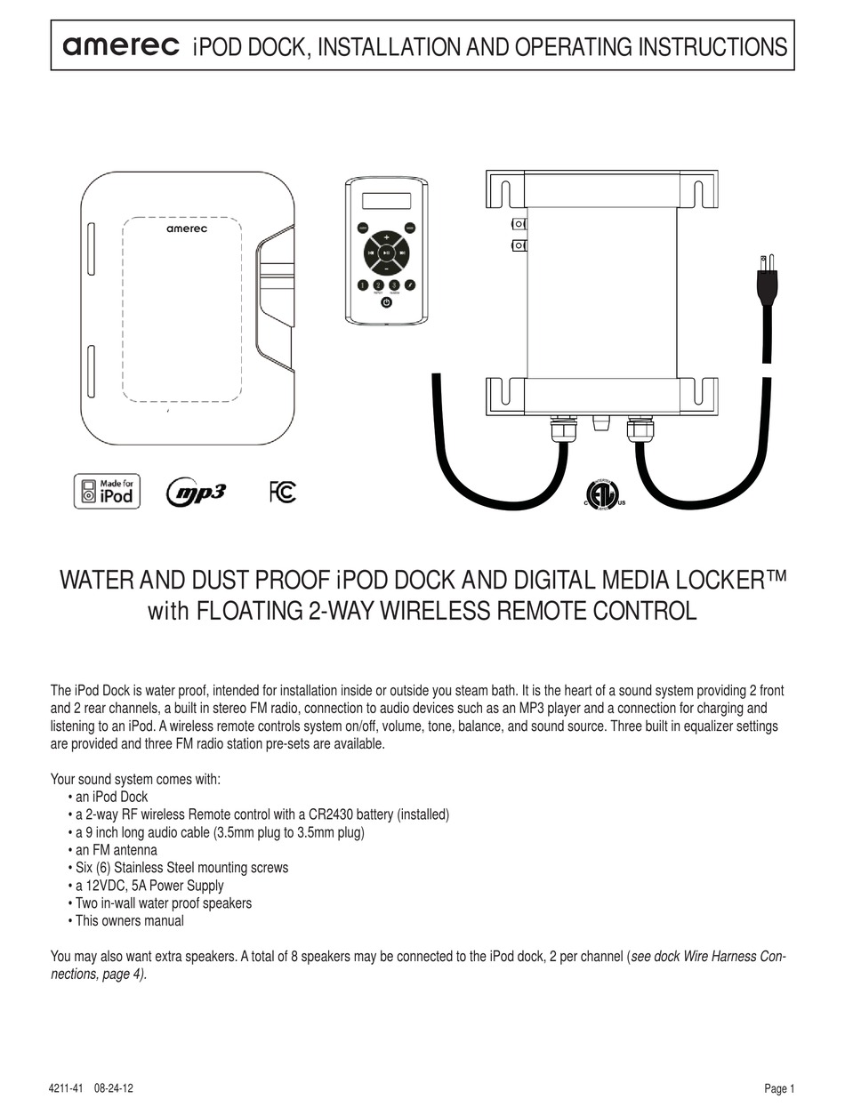 AMEREC IPOD DOCK INSTALLATION AND OPERATING INSTRUCTIONS MANUAL Pdf
