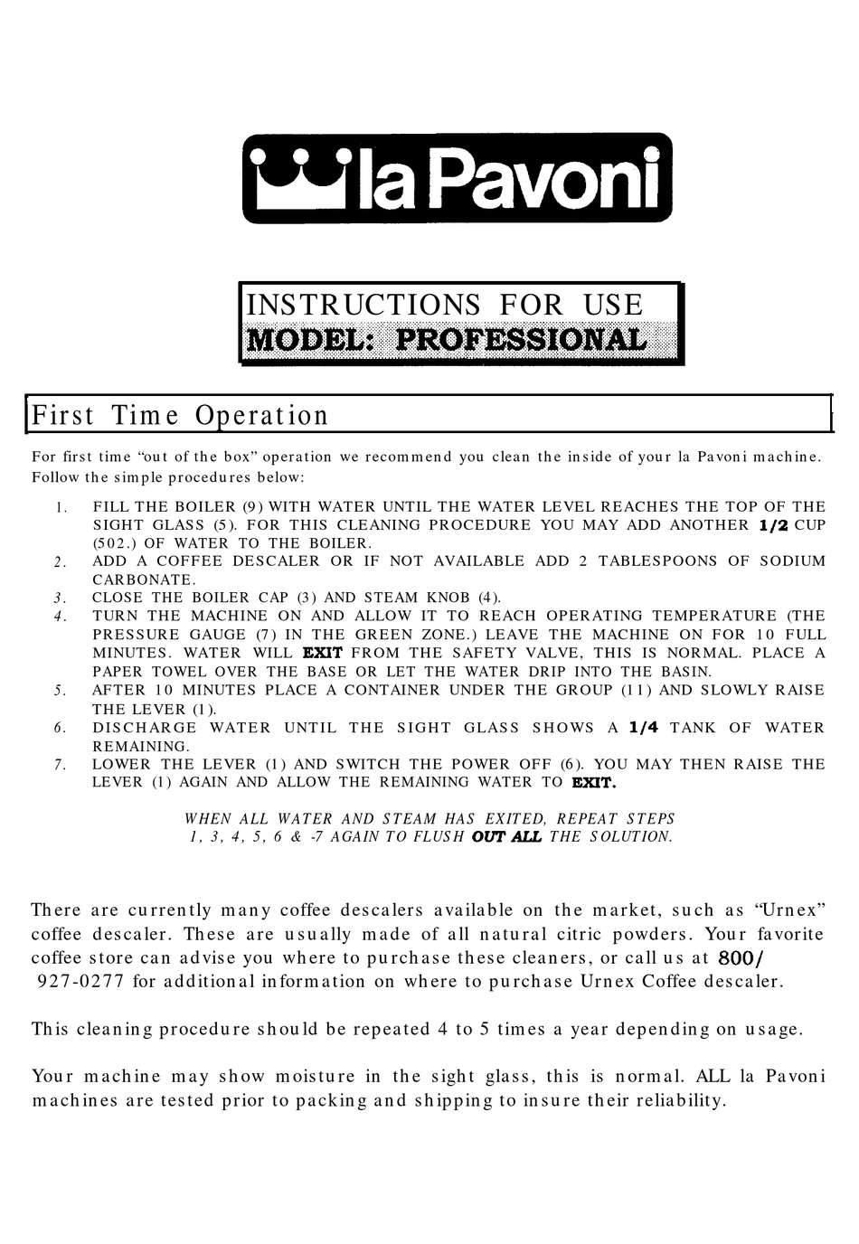 LA PAVONI PROFESSIONAL INSTRUCTIONS FOR USE MANUAL Pdf Download