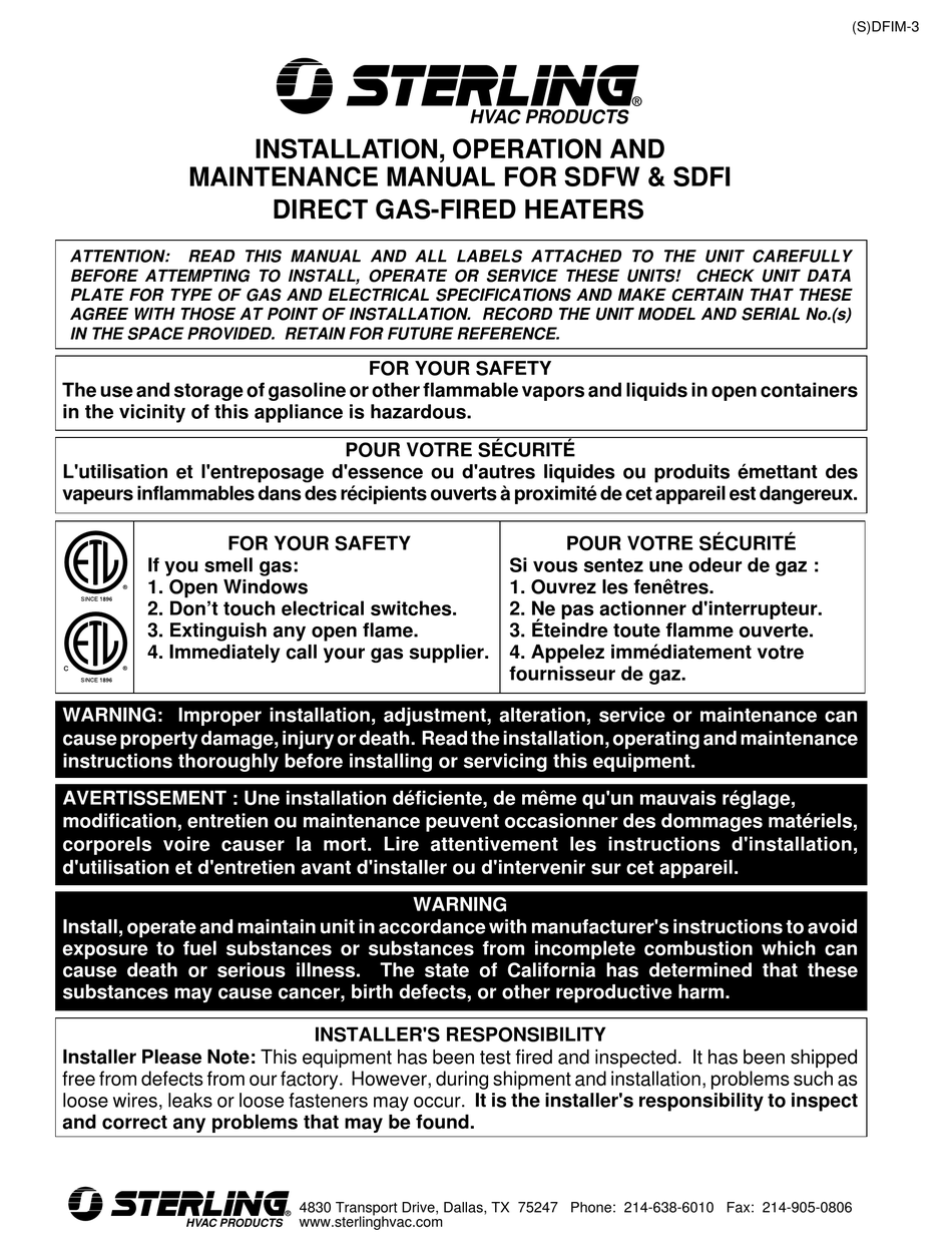 STERLING SDFW INSTALLATION AND MAINTENANCE INSTRUCTIONS MANUAL Pdf
