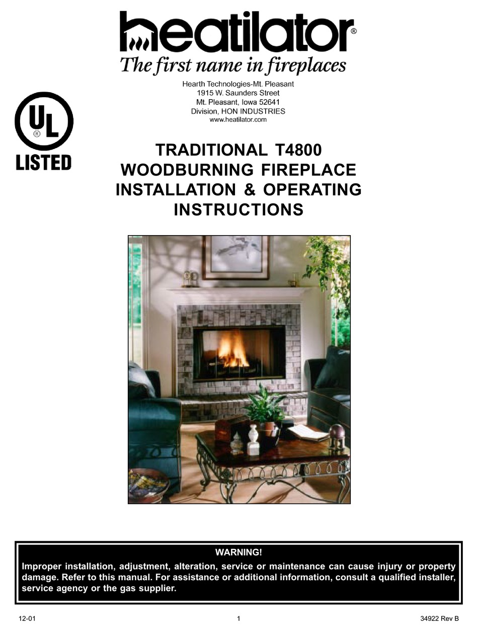 HEATILATOR TRADITIONAL T4800 INSTALLATION & OPERATING INSTRUCTIONS