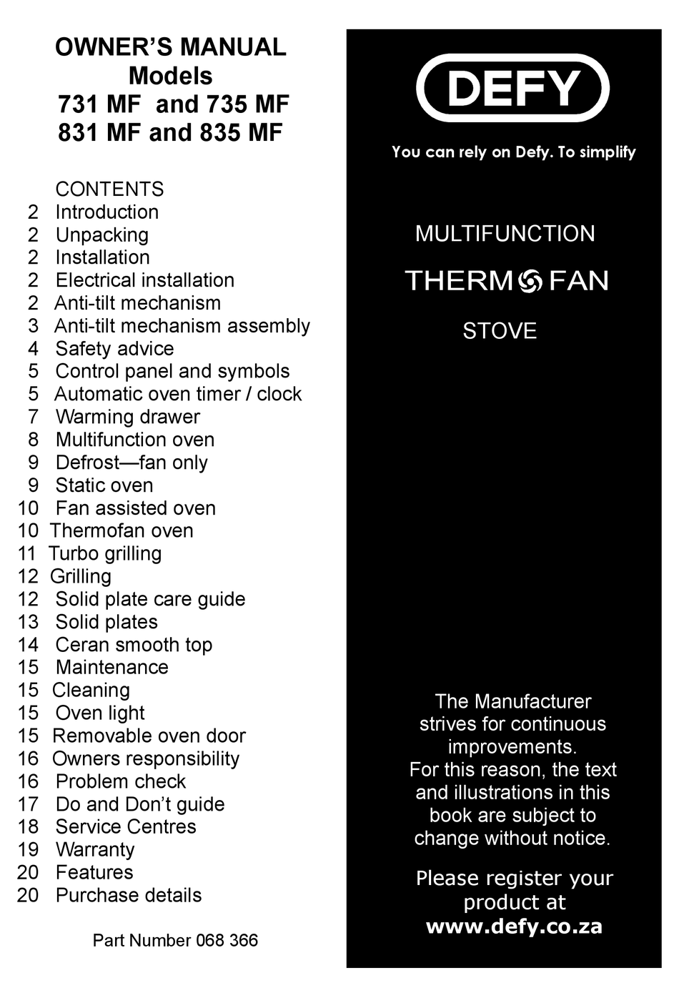 defy 631t multifunction stove manual