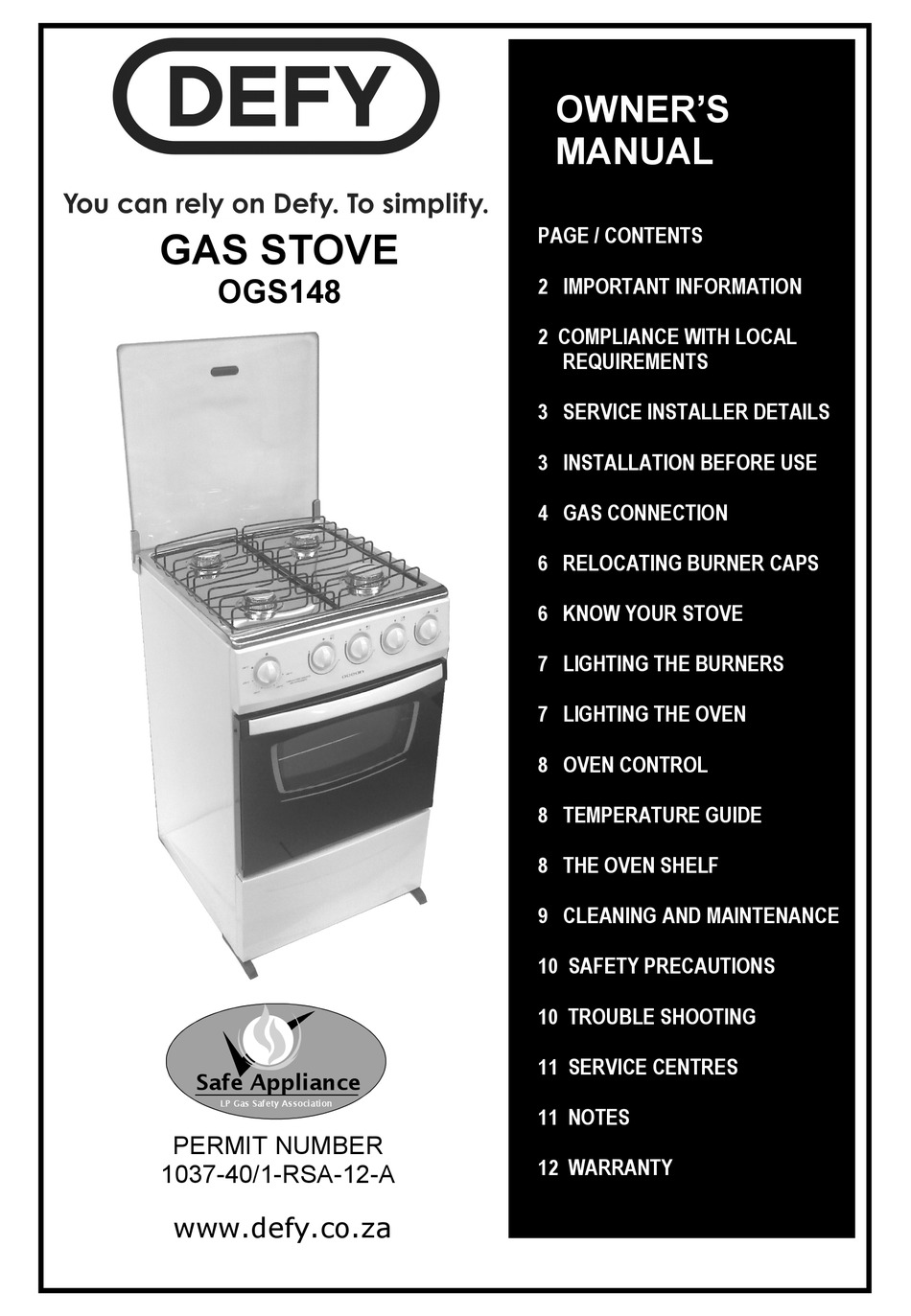 defy 631t multifunction stove manual