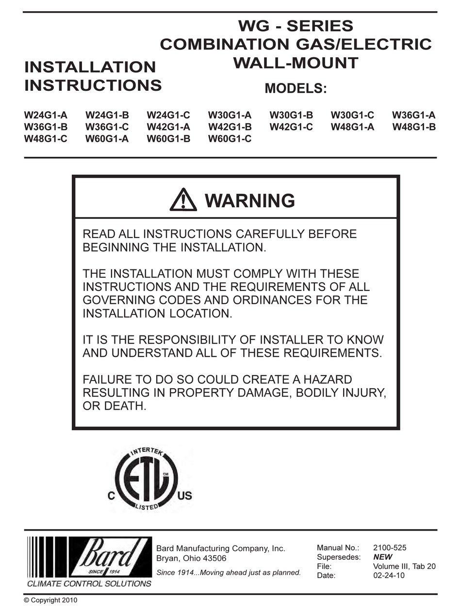 BARD W24G1-A INSTALLATION INSTRUCTIONS MANUAL Pdf Download | ManualsLib