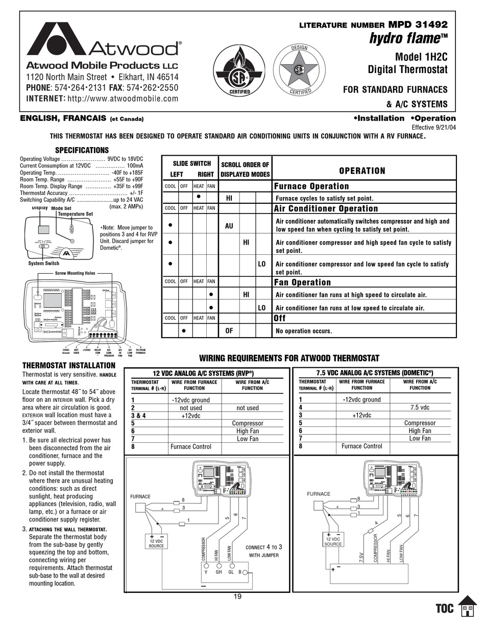 ATWOOD HYDRO FLAME 1H2C INSTALLATION & OPERATION MANUAL Pdf Download |  ManualsLib Lennox Thermostat Wiring Diagram ManualsLib
