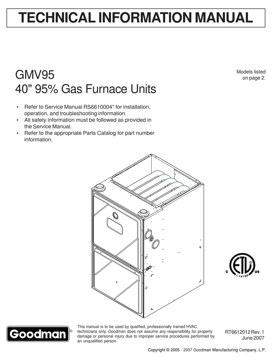 Goodman Gmv95 Technical Information Manual Pdf Download Manualslib