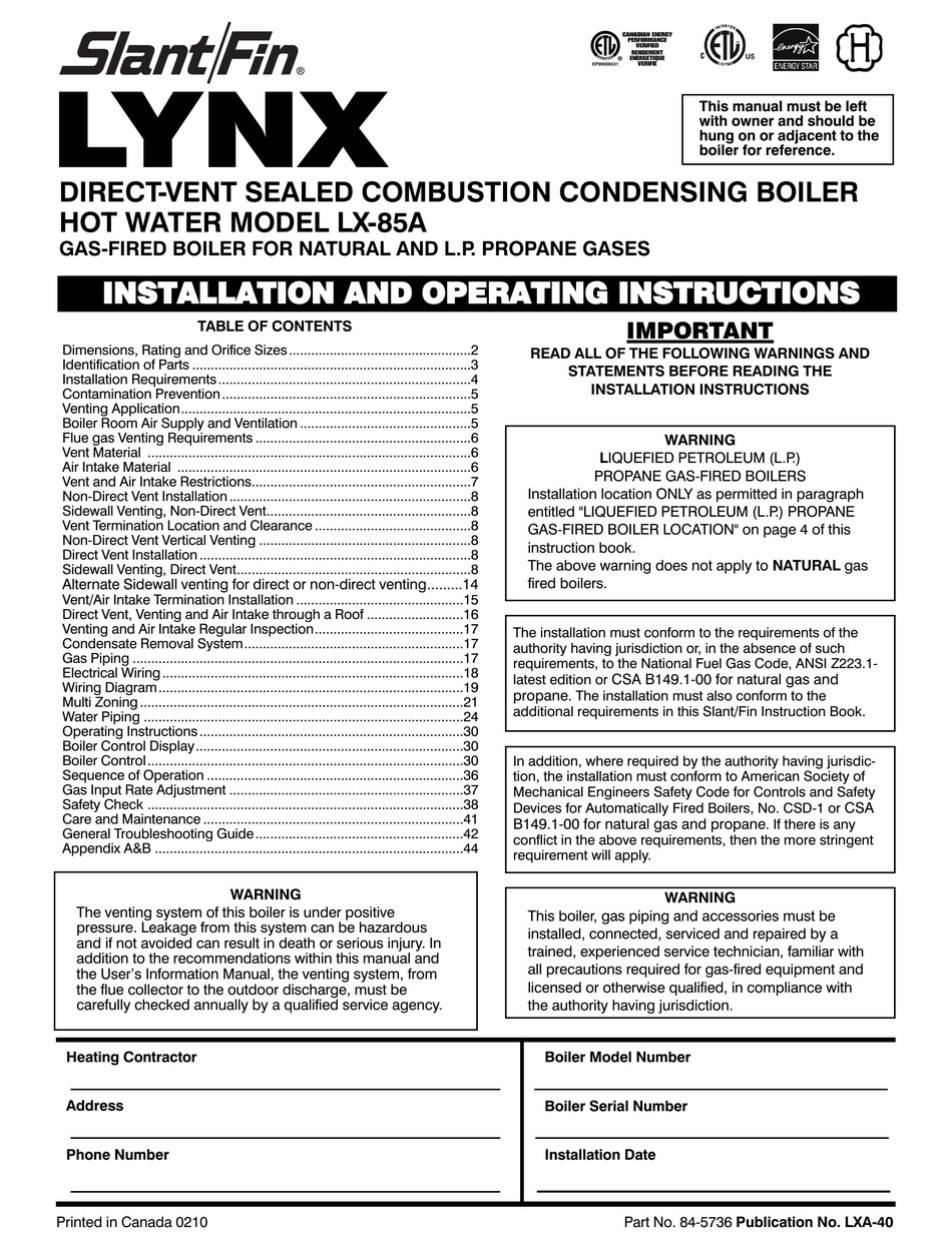 SLANT/FIN LX-85A INSTALLATION AND OPERATING INSTRUCTIONS MANUAL Pdf ...