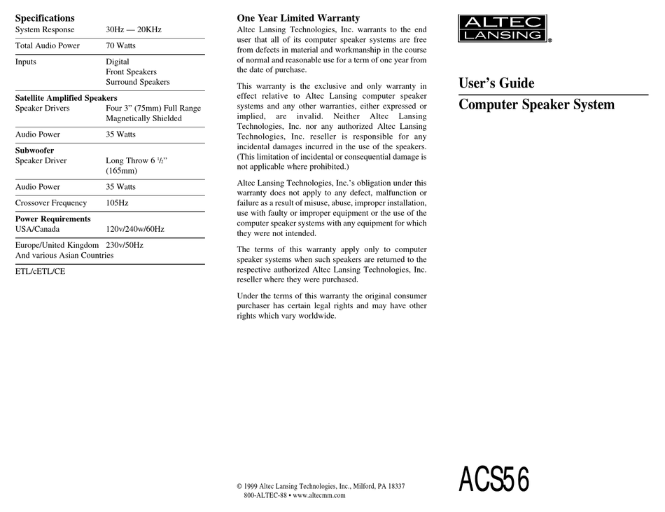 Altec Lansing Acs 410 Manual