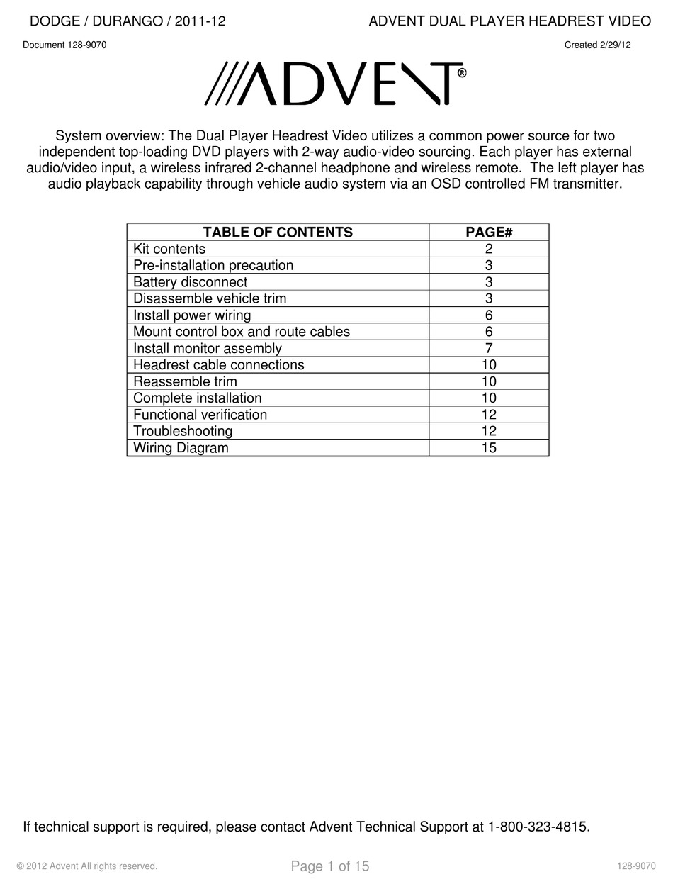 ADVENT DODGE 2011 INSTALLATION INSTRUCTIONS MANUAL Pdf Download