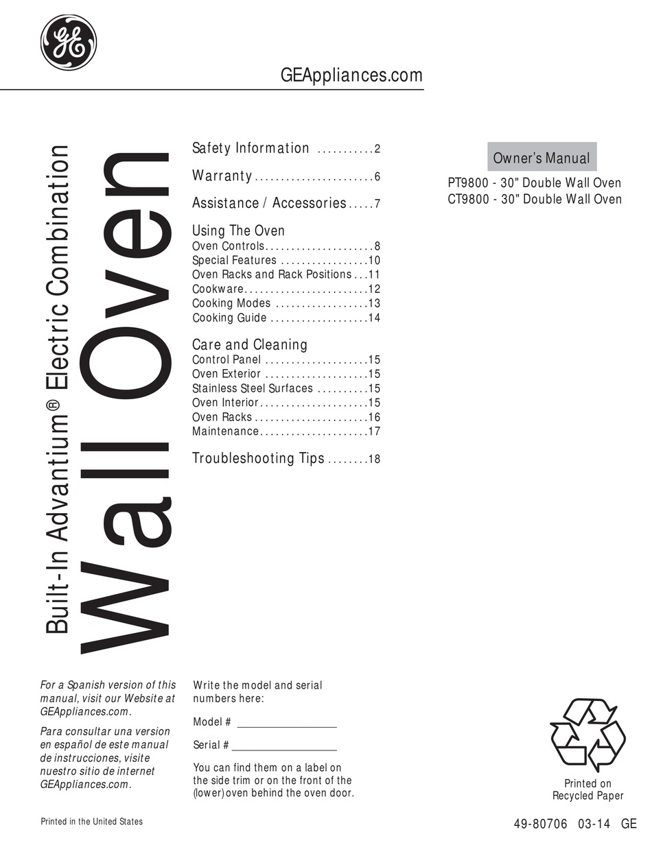 GE ADVANTIUM PT9800 OWNER'S MANUAL Pdf Download ManualsLib