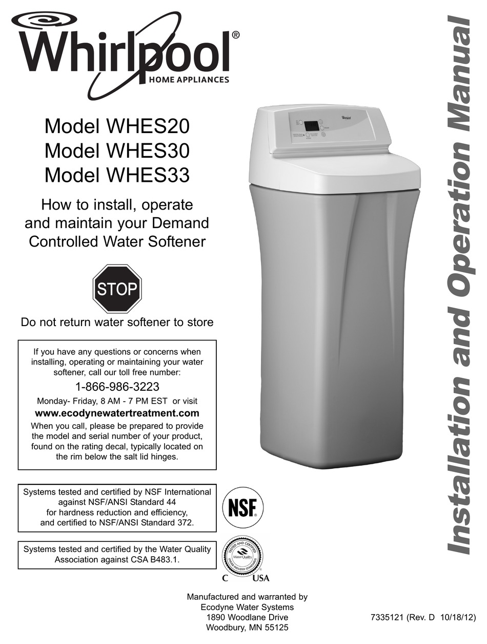 Whirlpool Whes33 Installation And Operation Manual Pdf Download Manualslib