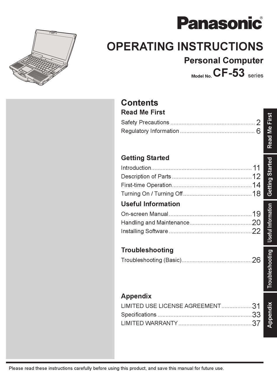 PANASONIC CF53 SERIES OPERATING INSTRUCTIONS MANUAL Pdf Download