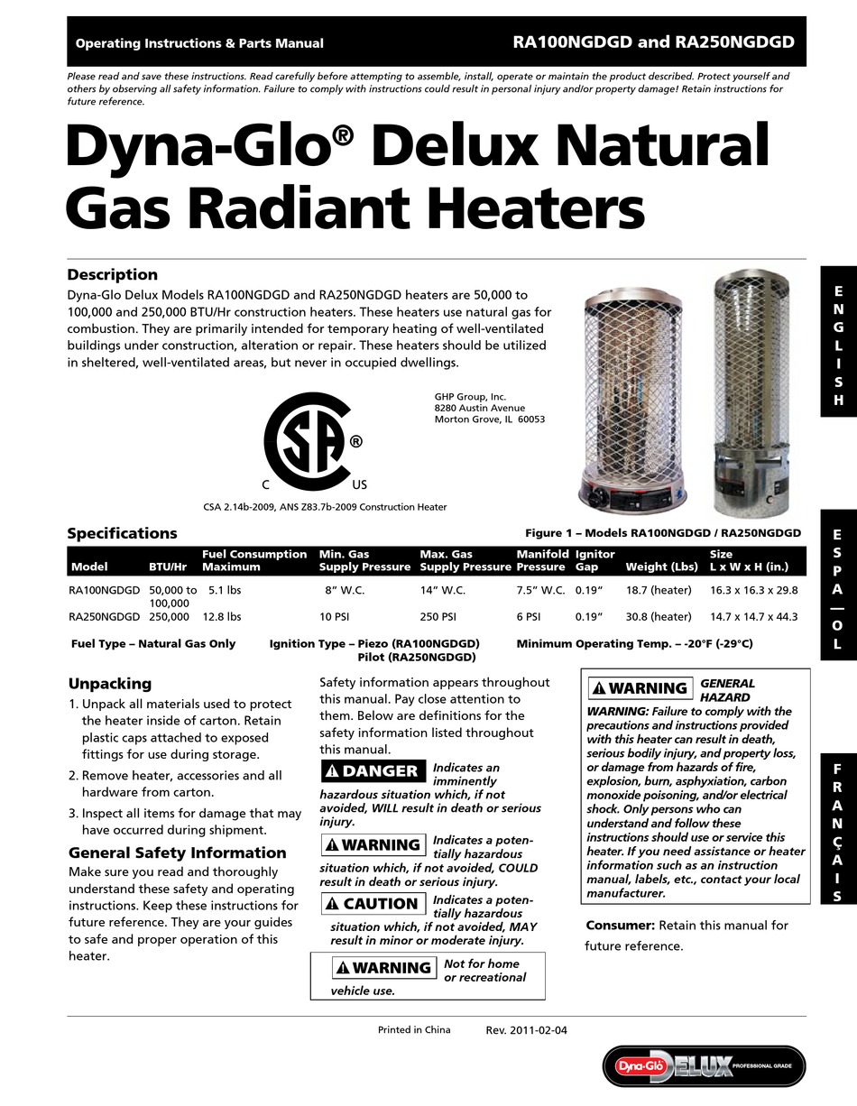 GHP GROUP DYNAGLO DELUX RA100NGDGD OPERATING INSTRUCTIONS & PARTS