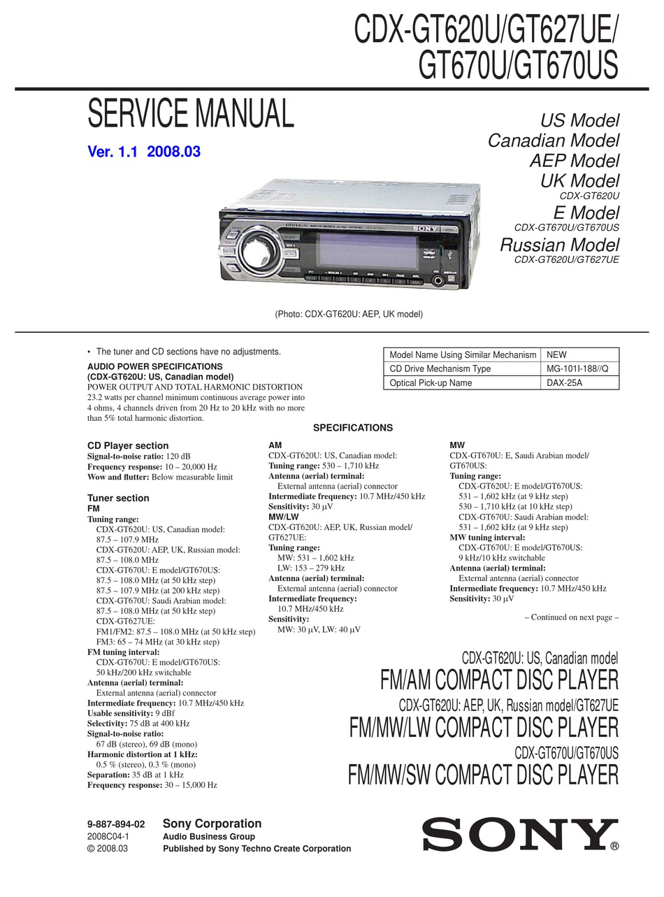 Sony Cdx Gt620u Service Manual Pdf Download Manualslib