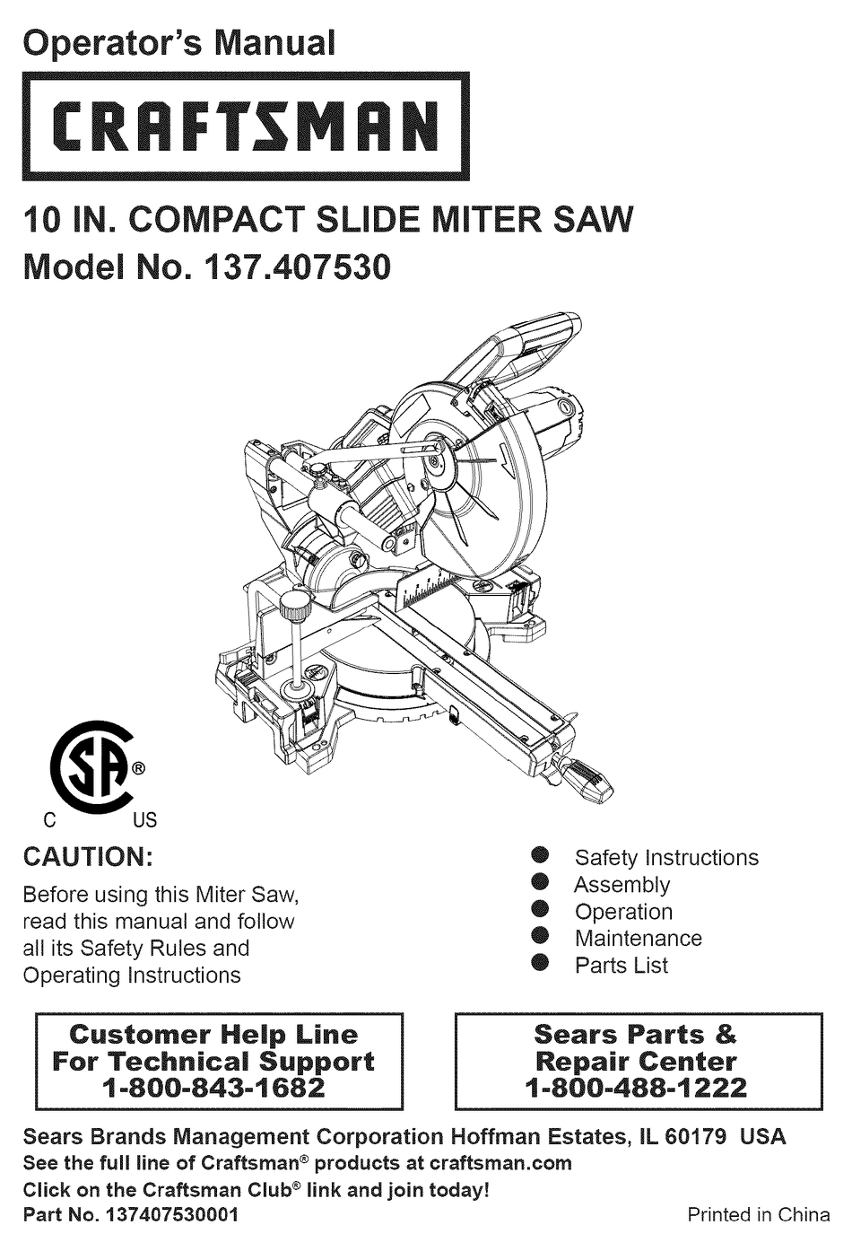 Details about   Craftsman 10' Compound Miter Saw Double Insulate Operator Part Manual 315.243130 