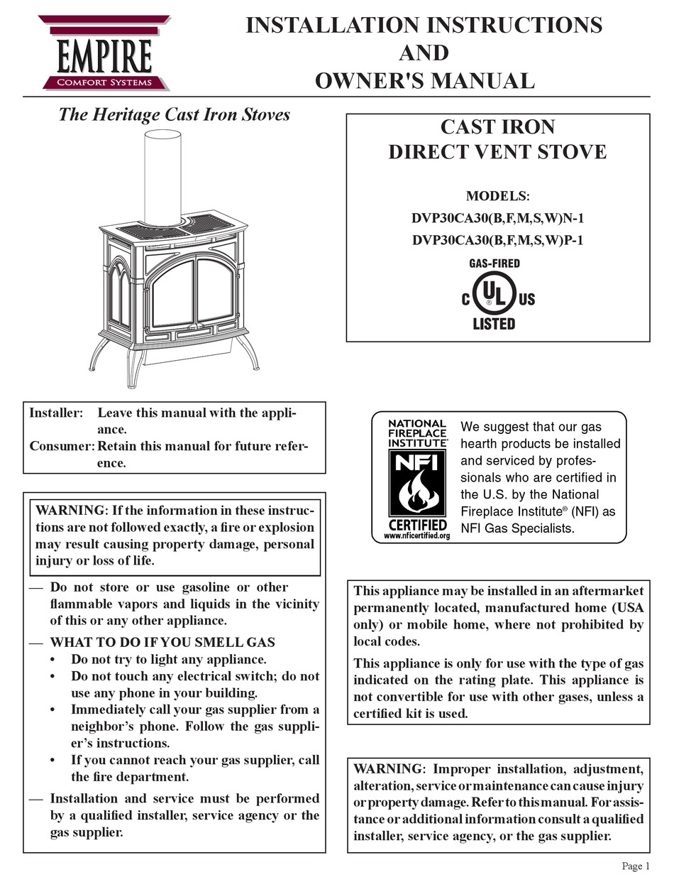 EMPIRE COMFORT SYSTEMS DVP30CA30B-N1 INSTALLATION INSTRUCTIONS AND ...