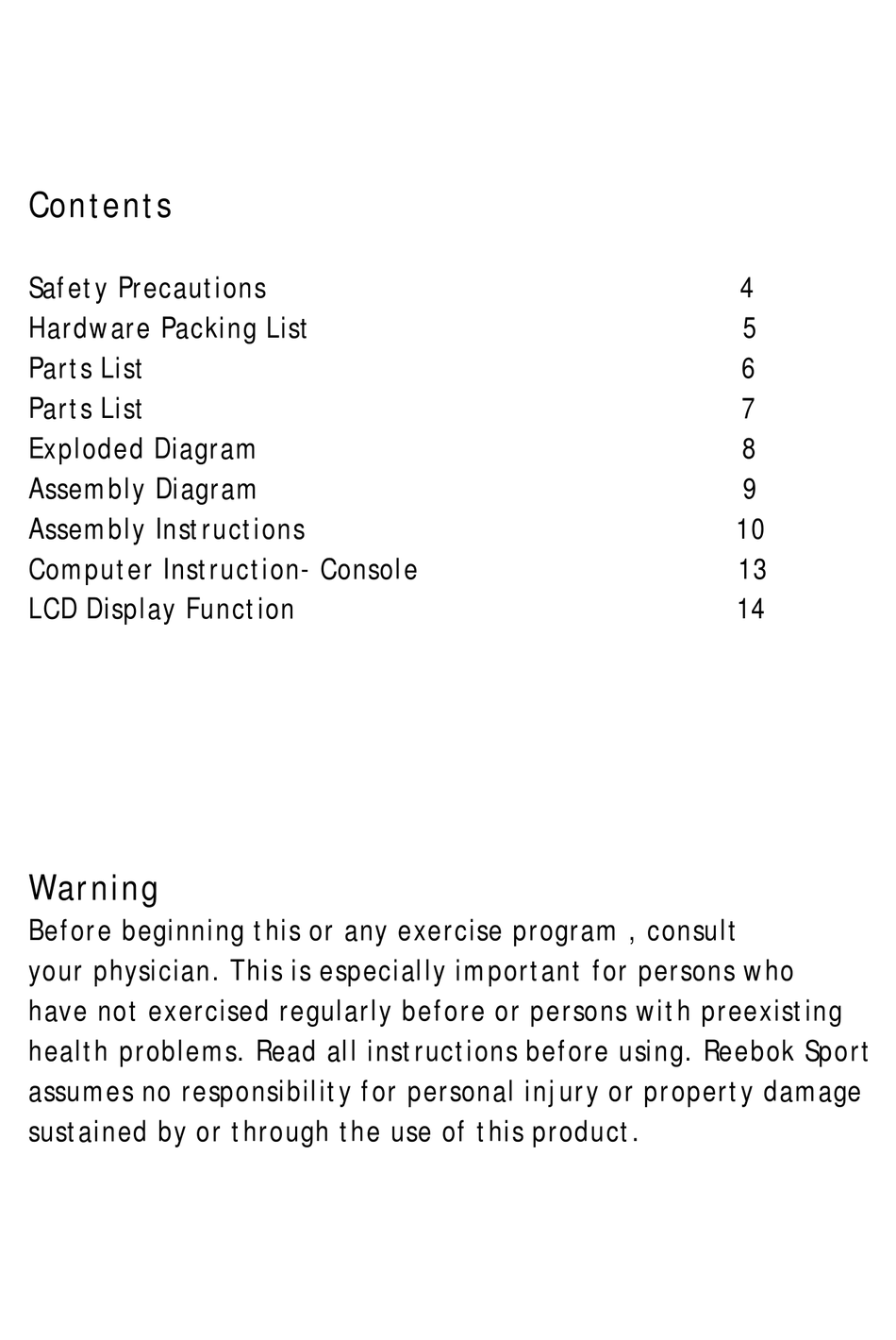 Parts List - Reebok Exercise Bike User [Page | ManualsLib